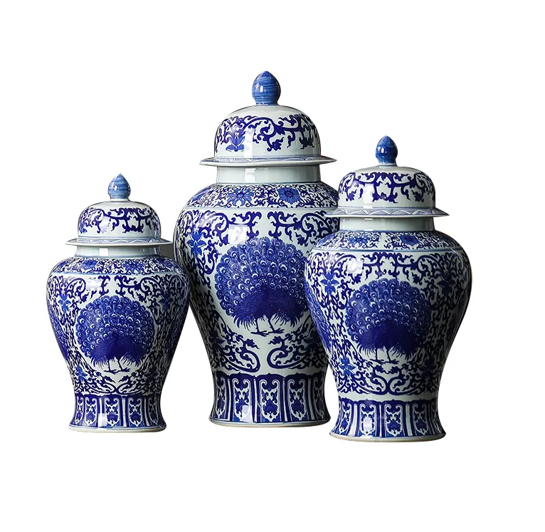 Nova Chegada Moderna Pintada À Mão Pavão Azul e Branco Chinoiserie Ginger Jar New Ceramic Cap Jar Vaso Decorativo