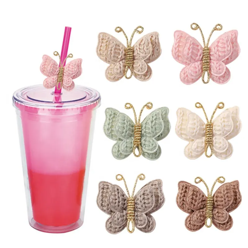 New Handmade Yarn Woven Butterfly Soft Solid Color 8mm Straw Toppers For Bar Accessories Drinking Cup Straw