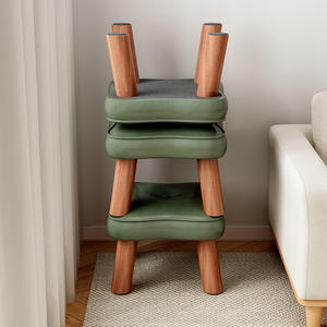 Taburete Moderno para el Hogar, de Madera Maciza, Apilable, Reposapiés para Sala de Estar, Uso Infantil y Adulto, Asiento de Cuero Verde - Product Image 4