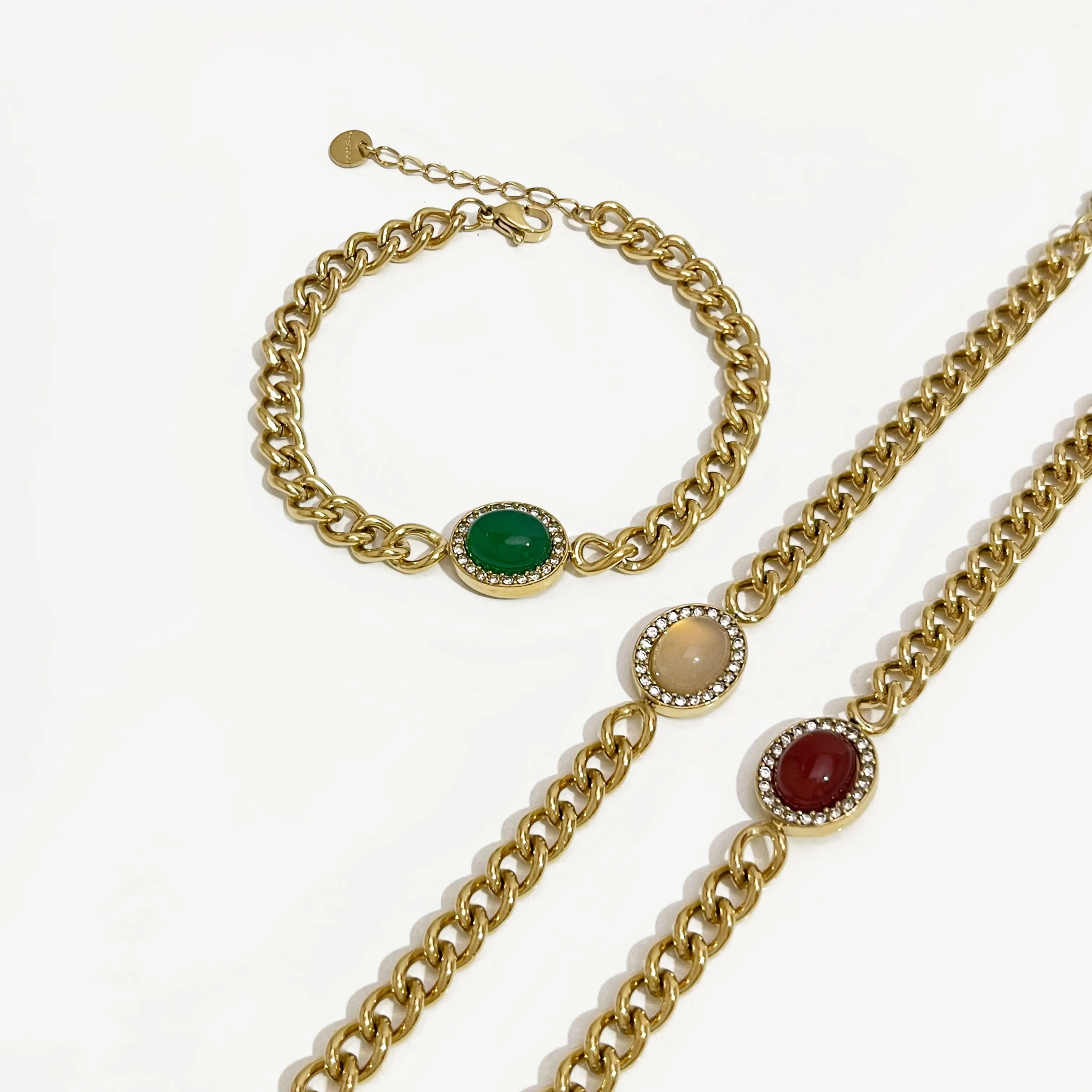 Pulseras de Gema Natural Ovalada para mujer, brazaletes de acero inoxidable grueso de 18K, cadena de eslabones de oro Real, color verde, Rosa y Rojo