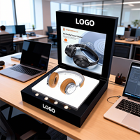 Un présentoir interactif à écran LED en acrylique noir qui met en valeur intelligemment les écouteurs supra-auriculaires avec un éclairage d'ambiance.