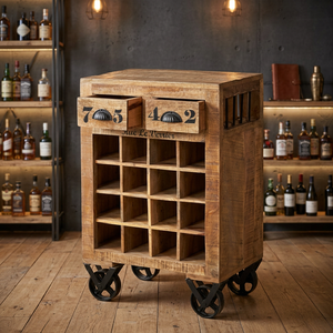 <b>Rustic</b> Solid Wood Wine Storage <b>Cabinet</b> with 2 Drawers and Casters for Home Bar Living Room Furniture - Product Image 3