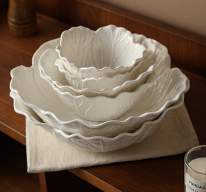 Custom Logo White Ceramic Cabbage Leaf Bowl <b>Set</b> Stackable Embossed Vegetable Shape <b>Serving</b> Bowls For Hotel Restaurant Wedding - Product Image 5
