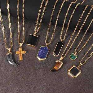 Natural Malachite Black Agate Tiger Eye Stone Lapis lazuli Stainless Steel Pendant Necklaces for Women Fashion Jewelry 2024