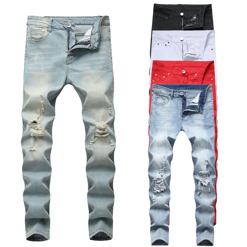 Blauwe Stijlvolle Knie Gescheurde Slim Fit Distressed Stock Jeans Broek Plus Maten Denim Heren Kleding Jeans Heren