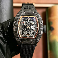 Montre mécanique automatique pour homme avec boîtier en fibre de carbone, cadran squelette, lunette en or rose, bracelet en fibre de carbone, montre de sport de luxe pour homme