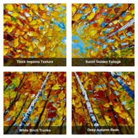 Peinture personnalisée à la main Forêt de bouleaux d'automne Acrylique sur toile Texture impasto Art mural 60x60cm Décoration intérieure Lumière du soleil
