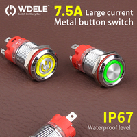 WD12mm Acier inoxydable Métal Étanche IP67 Interrupteur à bouton-poussoir 7.5A Grand courant 1NO, Verrouillage/instantané, Maximum 12V