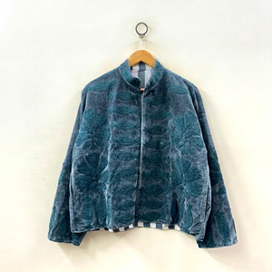 Handcrafted Teal Blue <b>Velvet</b> Suzani Embroidered Jacket <b>Women</b> Open Front Mandarin Collar Short <b>Coat</b> Reversible Boho Outerwear - Product Image 3