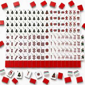 Jeu de Mahjong Américain 4 couches avec tuiles à dos rouge, thèmes Père Noël, Arbre de Noël, Bonbons à la menthe, Gant, Feux d'artifice et Joker, Ensemble Festif - Product Image 6