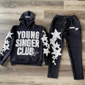 カスタムパフ印刷ロゴ2ピースパーカーとスウェットパンツセット男性パーカーコットンセットOEM利用可能トラックスーツ - Product Image 3