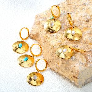 European Vintage Jewelry Wholesale Stainless Steel <b>Earrings</b> Charms <b>Gold</b> <b>Plated</b> Turquoise Pearl Opal Coin <b>Hoop</b> <b>Earrings</b> for Women - Product Image 1