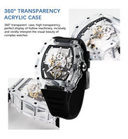 Fournisseur de montres transparentes blanches personnalisées avec logo OEM, marque privée, montre-bracelet squelette tonneau automatique mécanique unique pour hommes