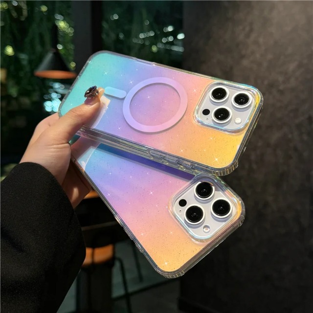 Phone Case Rainbow Color For iPhone 17 15Promax fashionable Magnetic Case 13/14 Laser Gradient Glitter Grotective Gover