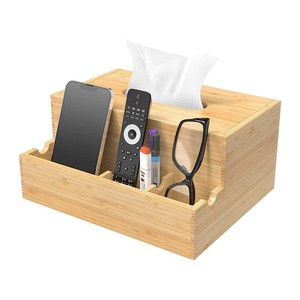 Bamboo Desk Organizer Rectangle Multi Functional Office Storage Box With Tissue Holder For Desktop Use - Product Image 5