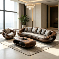 Ensemble de canapés en tissu avec cadre en bois courbé, design moderne et écologique, comprenant un fauteuil et une table basse pour salon