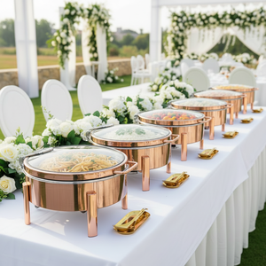 Plat de service électrique 6L en acier inoxydable et verre, couleur or rose, pour buffet, mariage, hôtel, traiteur, luxe, modèle Redondo saoudien - Product Image 1