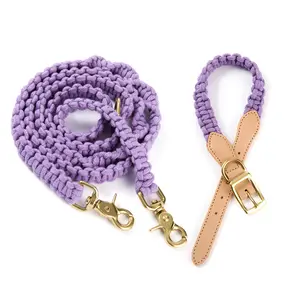 High Quality Soft Adjustable Luxury Custom Color Macrame Hand Woven Leash dog leash and collar