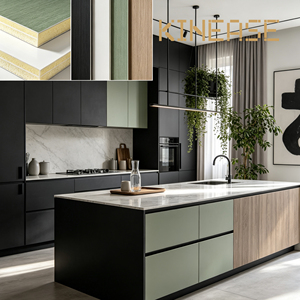 Panneau d'armoire en cristal de pierre noire <span class=keywords><strong>graphite</strong></span>, cuisine moderne, naturelle, fonctionnelle et design avec chêne fumé et vert sauge - Product Image 1