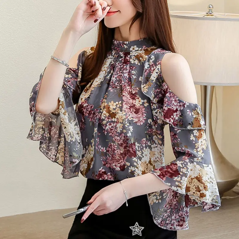 Ladies Tops Floral Chiffon Blouse For Women Tops Ruffles Stand Butterfly Sleeve Blusas Hollow Plus Szie