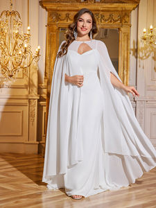 Robe <span class=keywords><strong>de</strong></span> mariée élégante et simple pour femme, blanche unie, col rond, coupe ajustée, longueur maxi, avec cape châle au sol - Product Image 2