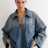 Robes pour femmes en denim bleu délavé, col chemise, demi-zip, poches, coupe oversize, manches longues, mini, décontractées, respirantes, style streetwear