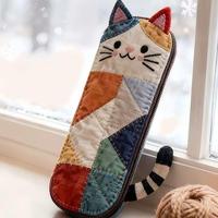 Trousse à crayons patchwork motif chat, style mignon pour fille, sac de rangement de papeterie en tissu, pochette portable à fermeture éclair, cadeau pour étudiant, vente en gros