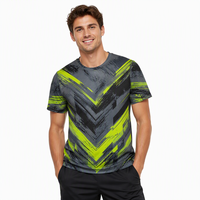 T-shirt 3D AOP pour homme 100% polyester gris anthracite et vert citron à chevrons, séchage rapide, respirant, col rond, OEM ODM