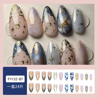 Uñas Postizas con Diseño de Estrella y Luna, 24 Piezas, Forma de Almendra, Estilo Romántico, Decoración de Uñas al por Mayor
