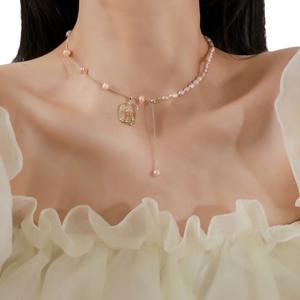 Collier élégant de style français Rose Manor Garden, chaîne de clavicule, romantique, lavande, violet, perle d'eau douce naturelle, noble, véritable perle - Product Image 5