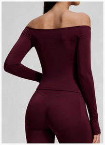 Haut de yoga sans couture extensible à manches longues pour femme avec logo personnalisé, haut de sport respirant à épaules dénudées avec trou pour le pouce - Product Image 5