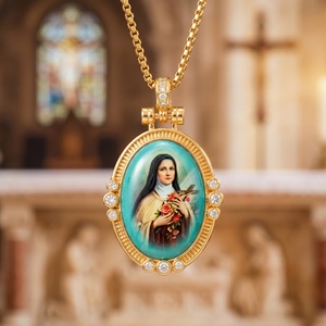 Collier avec pendentif interchangeable en émail turquoise Petite Fleur Sainte Thérèse de <span class=keywords><strong>Lisieux</strong></span>, cadeau pour femmes catholiques pour retraite - Product Image 1