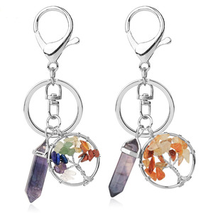 New Crystal Natural Stone Creativity Tree of Life Purple Fluorite Hexagon Prism Pendants Key Chain Gemstone Keyring