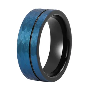 8MM Wholesale Blue Hammered Tungsten Carbide Ring Men Black Thin Line Tungsten Men Rings Jewelry