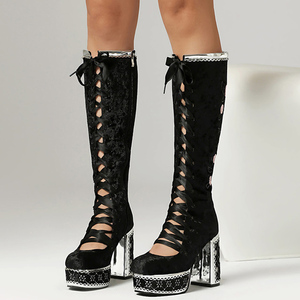 Bottes d'été à découpe avant pour femme, montantes à lacets, plateforme, talons épais, bottines longues sexy à bout rond en daim à motif floral - Product Image 3