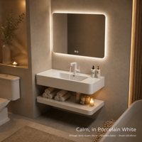 Ensemble de meuble-lavabo mural moderne avec vasque flottante en quartz technique, miroir intelligent LED et fonction anti-buée, pour appartement et villa