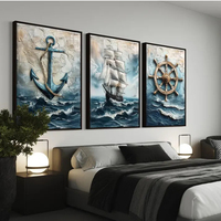 Ensemble de 3 tableaux muraux sur toile, thème nautique : bateau à voile, gouvernail et ancre, prêt à accrocher
