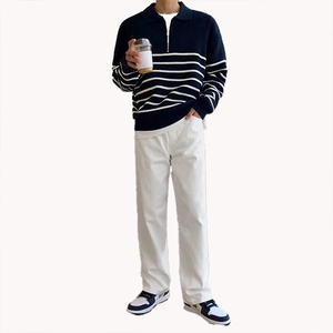 Pull rayé noir et blanc pour homme, tricot à col, niche haut de gamme, sweat-shirt de couple, polo décontracté, pull, vêtement d'extérieur - Product Image 5