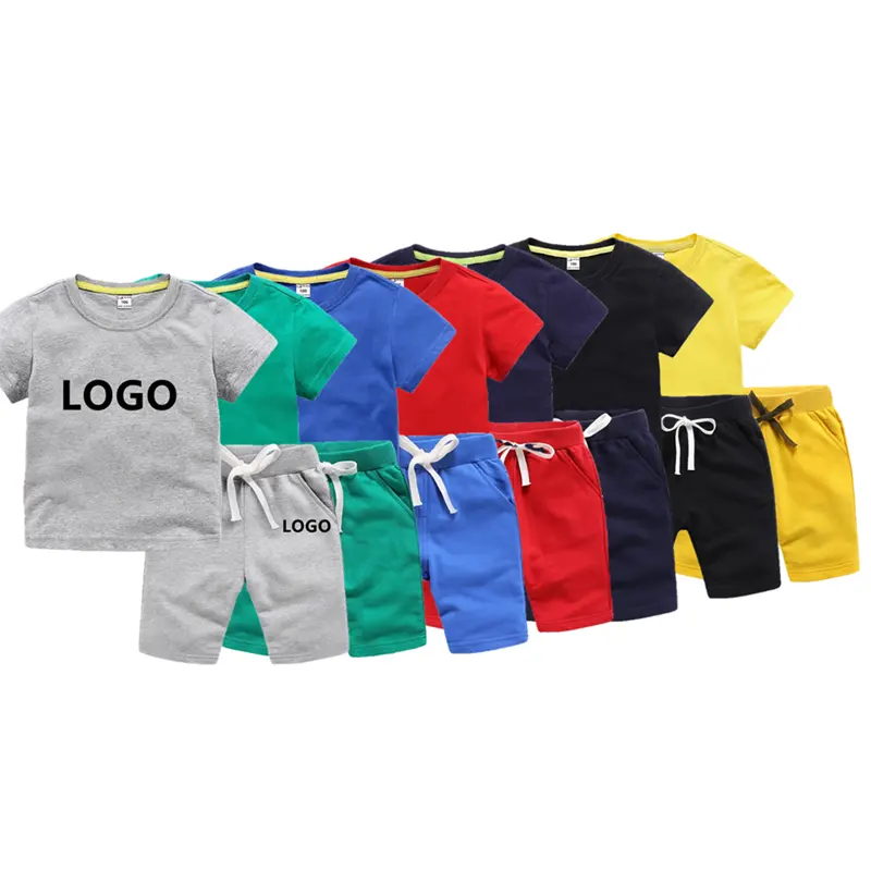 Short sleeve plain color 100% cotton Custom logo printing boy sweatsuit sets summer baby shorts T shirt set Kids clothing sets