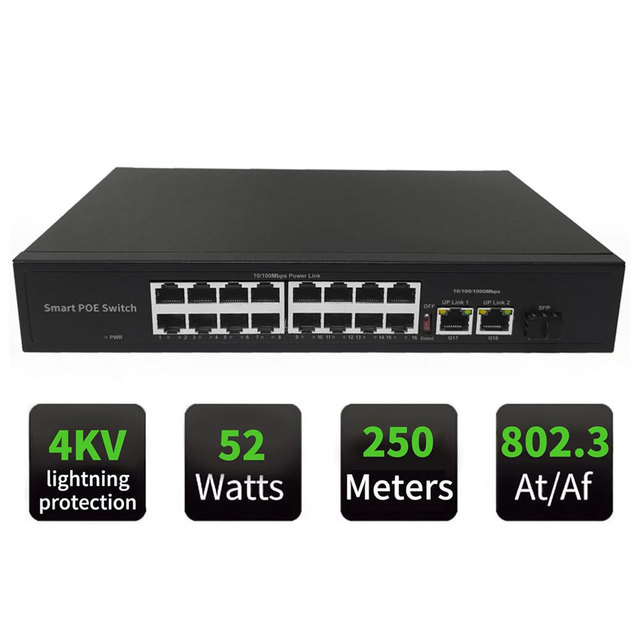 Power Supply 16 Port Industrial POE Switch 10 100M Gigabit SFP Network Ethernet Switch for Ip Camera Cctv