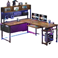 Bureau d'ordinateur de jeu en L réversible avec prises intégrées et panneau perforé, éclairage LED et plateau pour clavier – Grande taille