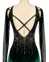 Robe de patinage artistique vert foncé dégradé avec strass, découpes en maille, pour performance scénique, pour femmes et filles