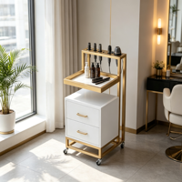 Chariot de Salon Blanc Doré avec 4 Supports pour Outils Chauffants, 2 Tiroirs, Plateau en Marbre – Chariot de Rangement Mobile pour Coiffure et Salon de Beauté