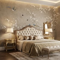 Papier peint floral brodé chinois classique, motif brodé à la main de fleurs de prunier marron et d'oiseaux pie, murale décorative pour chambre, hôtel, maison