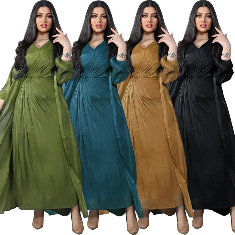 אופנה דובאי טורקיה מזרח התיכון אלגנטי מבריק משי סאטן שמלות אסלאמי גלימות שרוולים ארוכים נשים מוסלמיות סט אבאיה שני חלקים