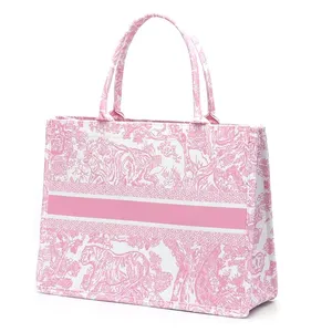 Custom Fashion Luxury Shopping Delicate Vintage Jacquard Embroidery Pink Large Capacity Cotton Linen Tote Bag