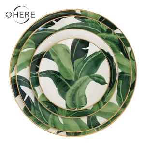 wholesale high end green banana leaf 4pcs round plate charger plate ceramic porcelain dinnerware hand-painted wedding dinner set