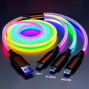 66W 6A RGB 3 In 1 Light Usb Luminous Glow Flowing Mobile Phone Data Charger Cable For All Phones