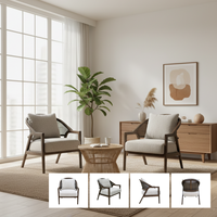 Fauteuil d'appoint en bois de frêne massif avec dossier en rotin naturel et tissu polyester effet lin pour salon