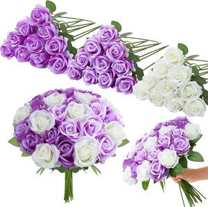 Flores Artificiales al por Mayor, Pétalos de Rosa de Seda Blancos y Morados, <span class=keywords><strong>Rosas</strong></span> de Tallo Largo para el Día de San Valentín, Ramos de Boda, Decoración para Fiestas en Casa - Product Image 2